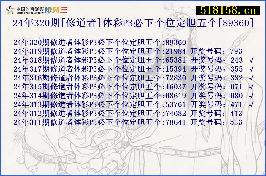 24年320期[修道者]体彩P3必下个位定胆五个[89360]