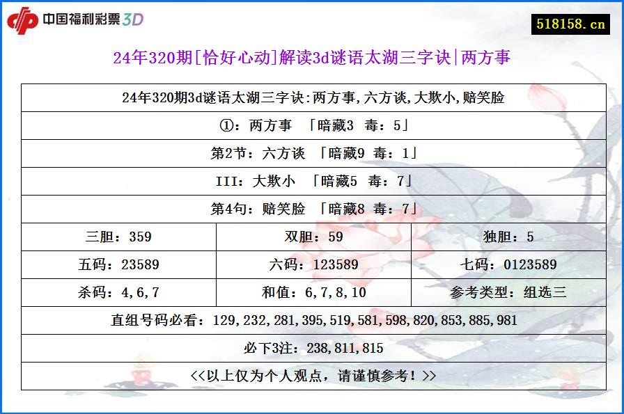 24年320期[恰好心动]解读3d谜语太湖三字诀|两方事