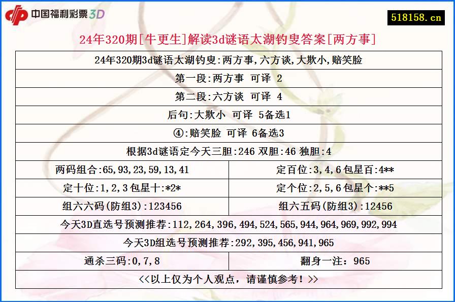 24年320期[牛更生]解读3d谜语太湖钓叟答案[两方事]