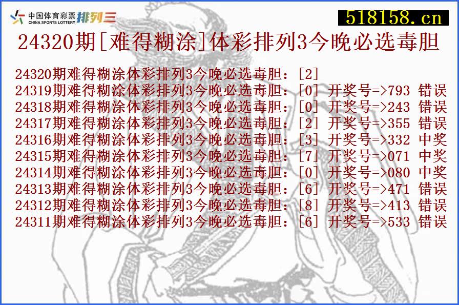 24320期[难得糊涂]体彩排列3今晚必选毒胆