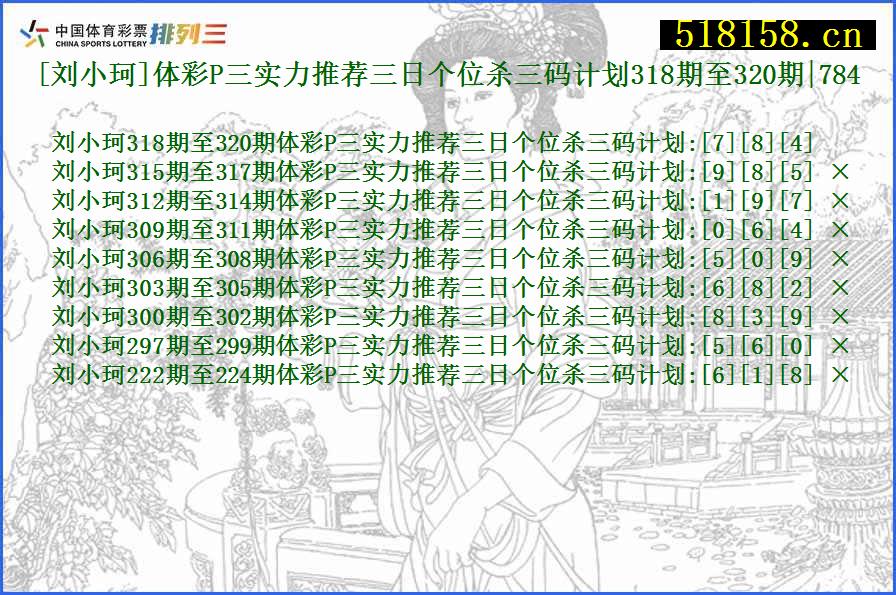 [刘小珂]体彩P三实力推荐三日个位杀三码计划318期至320期|784