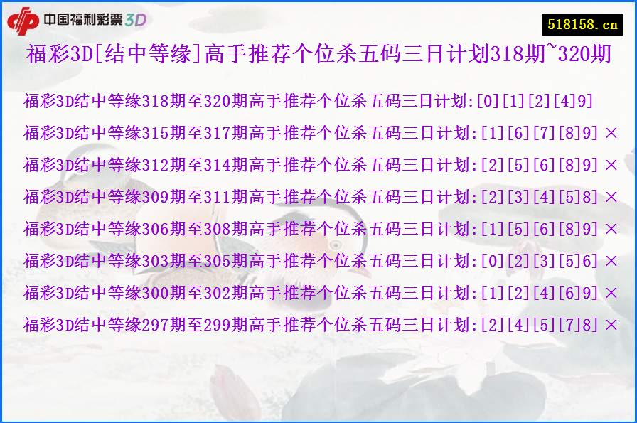 福彩3D[结中等缘]高手推荐个位杀五码三日计划318期~320期