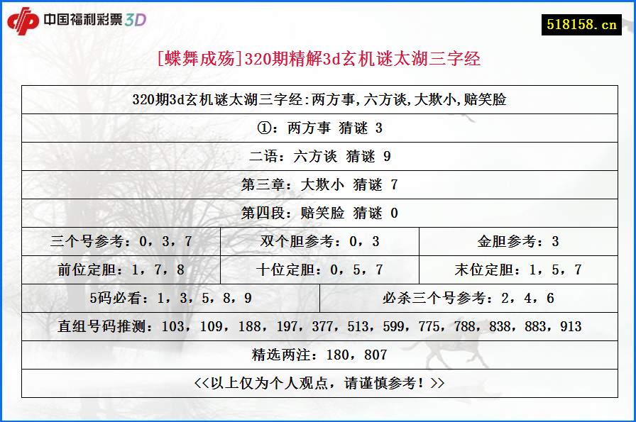 [蝶舞成殇]320期精解3d玄机谜太湖三字经