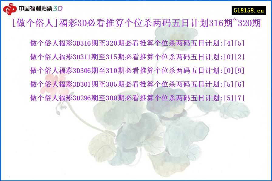 [做个俗人]福彩3D必看推算个位杀两码五日计划316期~320期