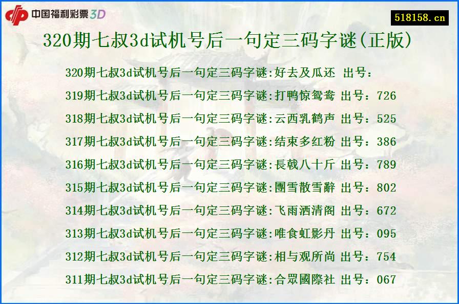 320期七叔3d试机号后一句定三码字谜(正版)