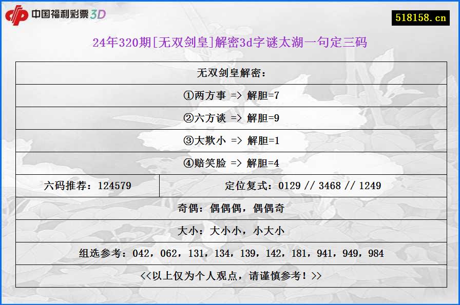 24年320期[无双剑皇]解密3d字谜太湖一句定三码