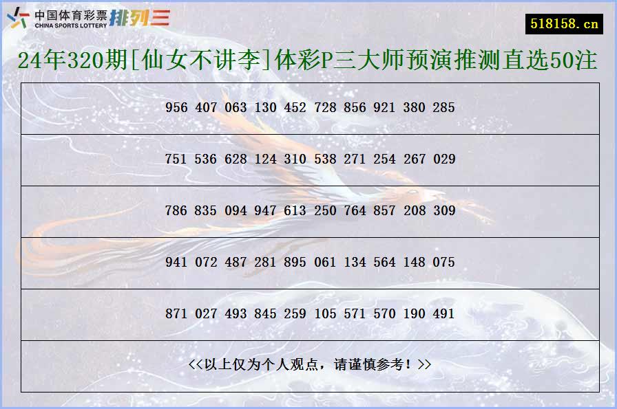 24年320期[仙女不讲李]体彩P三大师预演推测直选50注