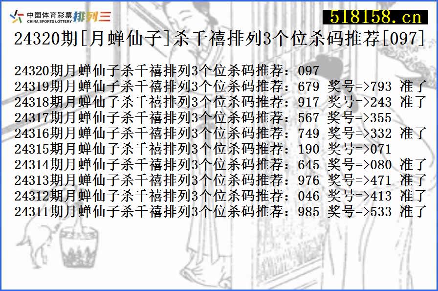 24320期[月蝉仙子]杀千禧排列3个位杀码推荐[097]