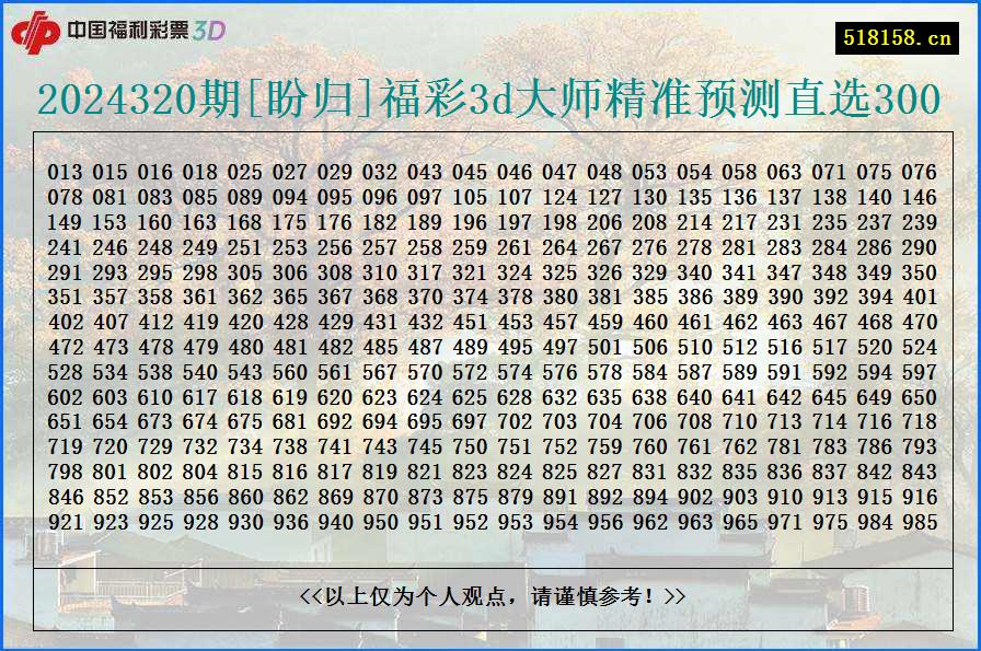 2024320期[盼归]福彩3d大师精准预测直选300