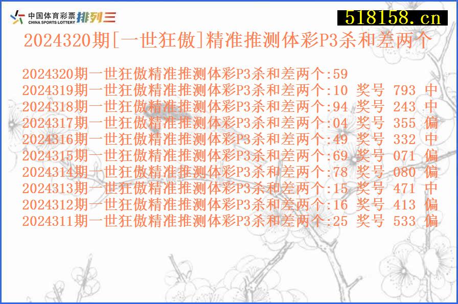 2024320期[一世狂傲]精准推测体彩P3杀和差两个