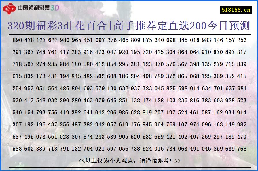 320期福彩3d[花百合]高手推荐定直选200今日预测