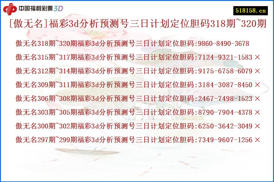 [傲无名]福彩3d分析预测号三日计划定位胆码318期~320期