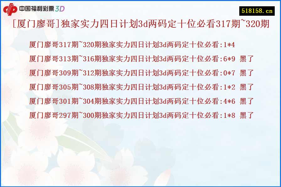 [厦门廖哥]独家实力四日计划3d两码定十位必看317期~320期