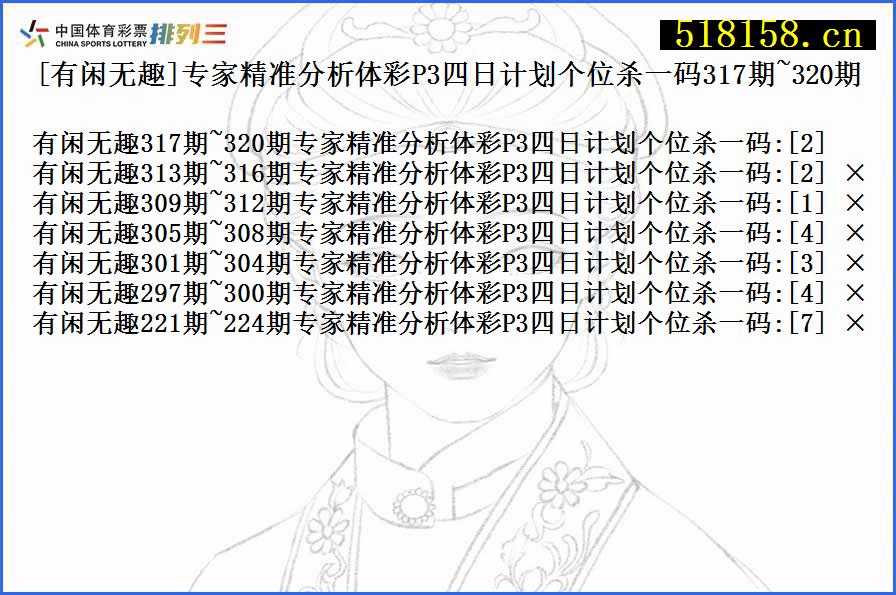 [有闲无趣]专家精准分析体彩P3四日计划个位杀一码317期~320期