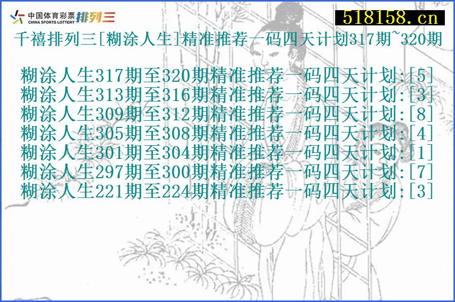 千禧排列三[糊涂人生]精准推荐一码四天计划317期~320期