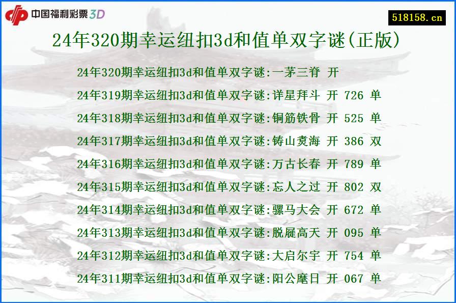 24年320期幸运纽扣3d和值单双字谜(正版)