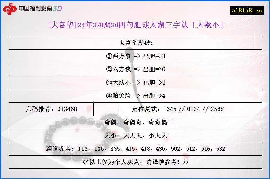 [大富华]24年320期3d四句胆谜太湖三字诀「大欺小」