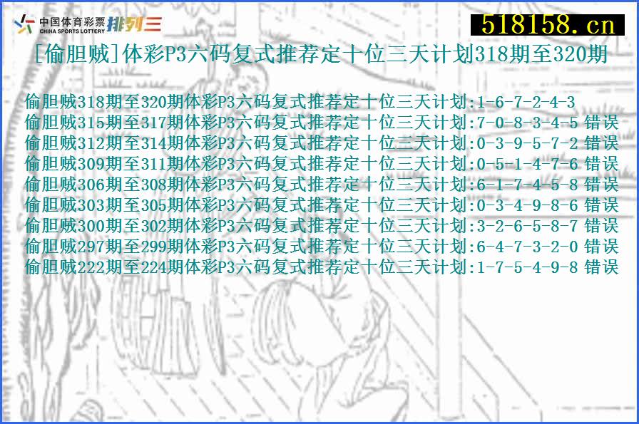 [偷胆贼]体彩P3六码复式推荐定十位三天计划318期至320期