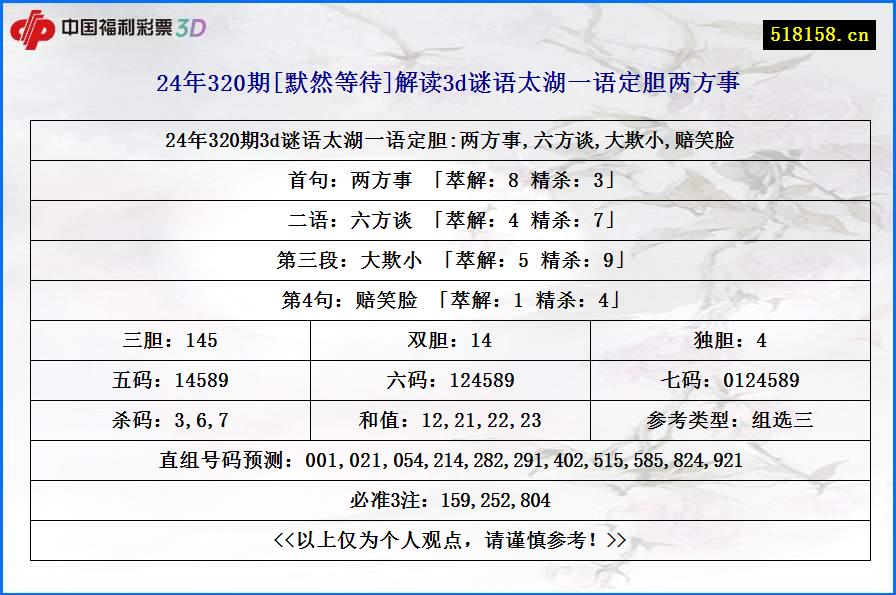 24年320期[默然等待]解读3d谜语太湖一语定胆两方事