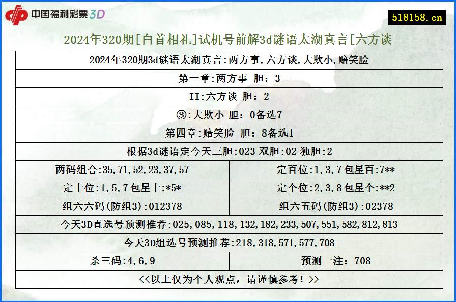 2024年320期[白首相礼]试机号前解3d谜语太湖真言[六方谈