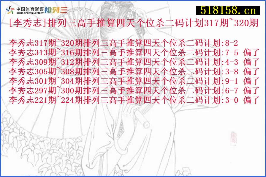 [李秀志]排列三高手推算四天个位杀二码计划317期~320期