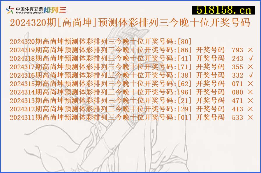 2024320期[高尚坤]预测体彩排列三今晚十位开奖号码