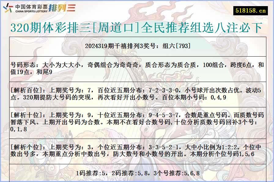 320期体彩排三[周道口]全民推荐组选八注必下