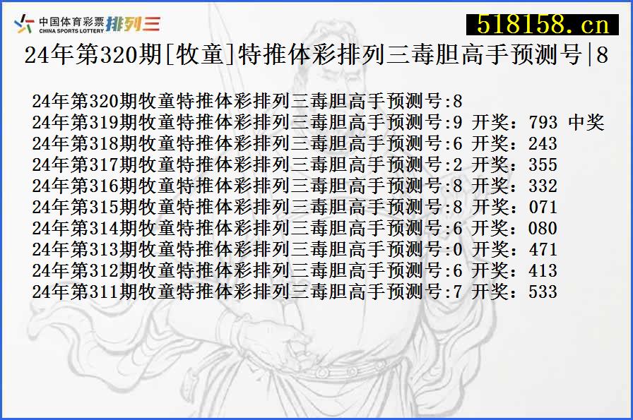 24年第320期[牧童]特推体彩排列三毒胆高手预测号|8