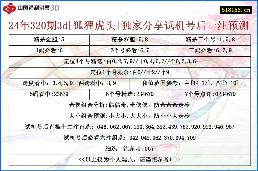 24年320期3d[狐狸虎头]独家分享试机号后一注预测