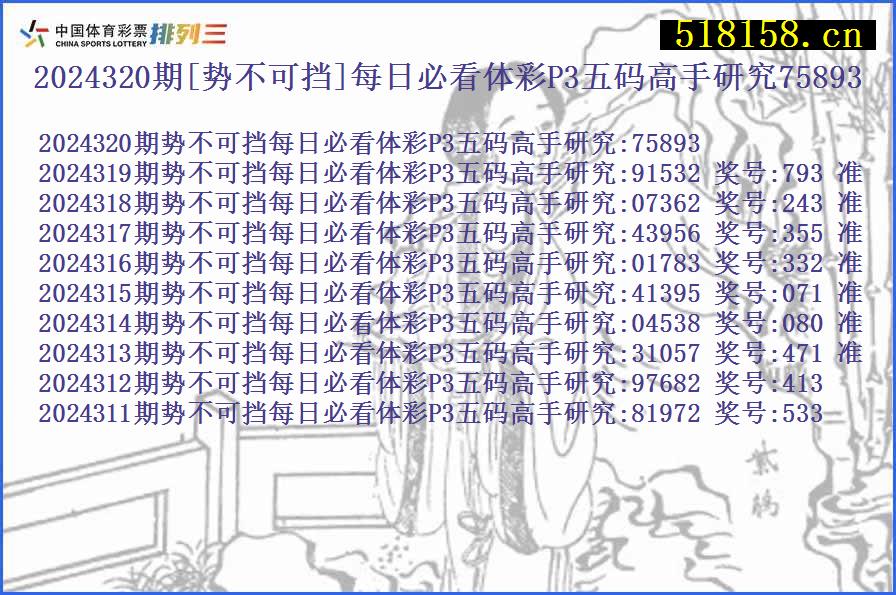 2024320期[势不可挡]每日必看体彩P3五码高手研究75893