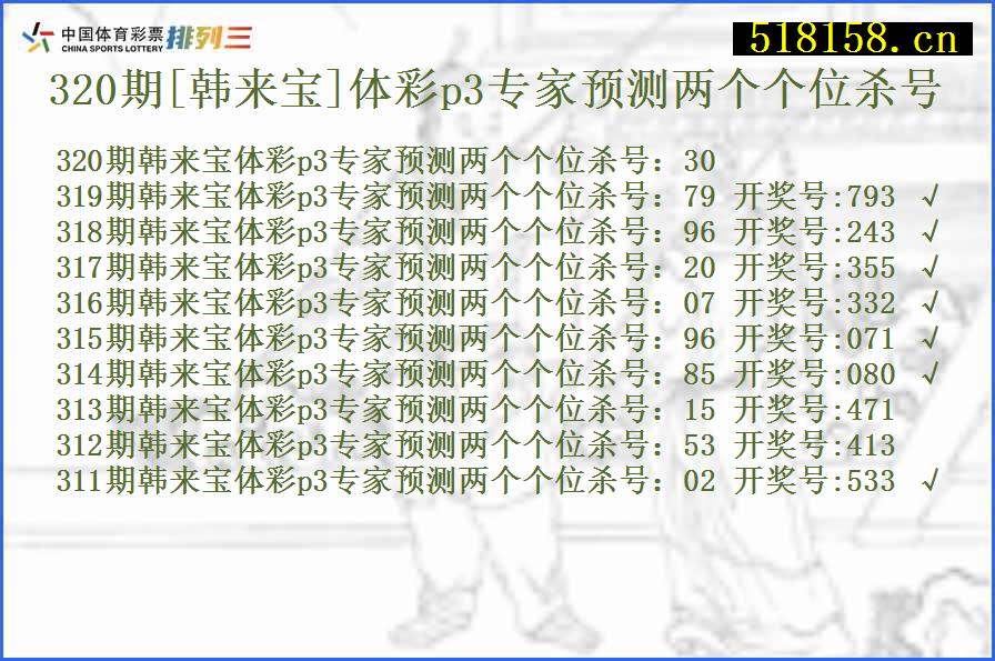 320期[韩来宝]体彩p3专家预测两个个位杀号