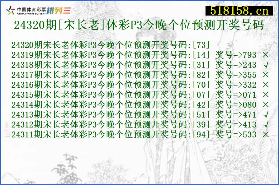 24320期[宋长老]体彩P3今晚个位预测开奖号码