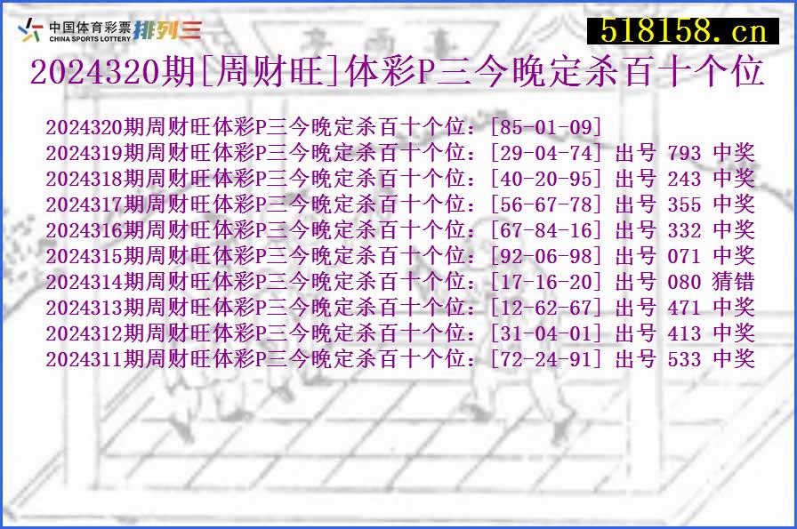 2024320期[周财旺]体彩P三今晚定杀百十个位