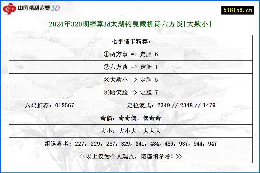 2024年320期精算3d太湖钓叟藏机诗六方谈[大欺小]