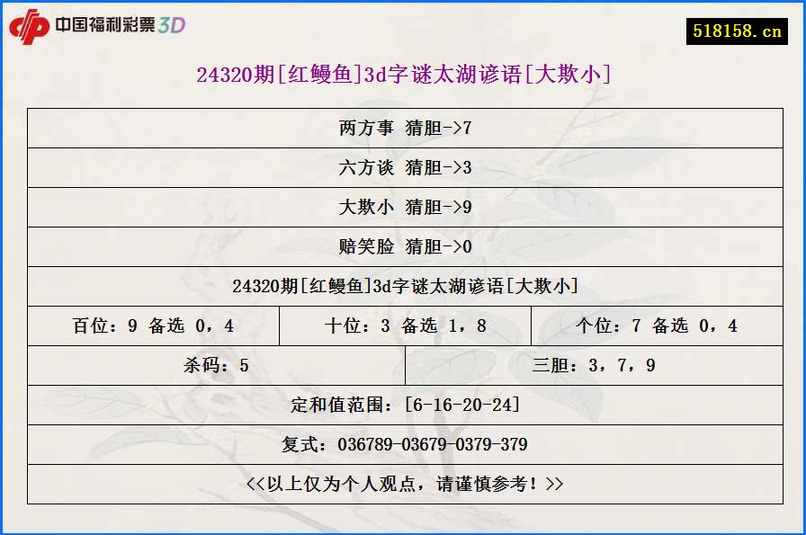 24320期[红鳗鱼]3d字谜太湖谚语[大欺小]