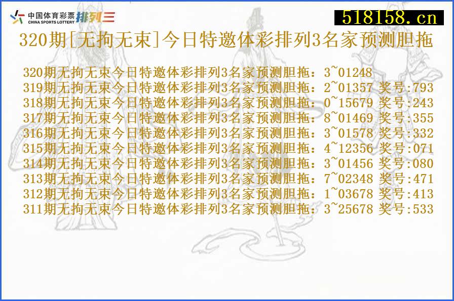 320期[无拘无束]今日特邀体彩排列3名家预测胆拖