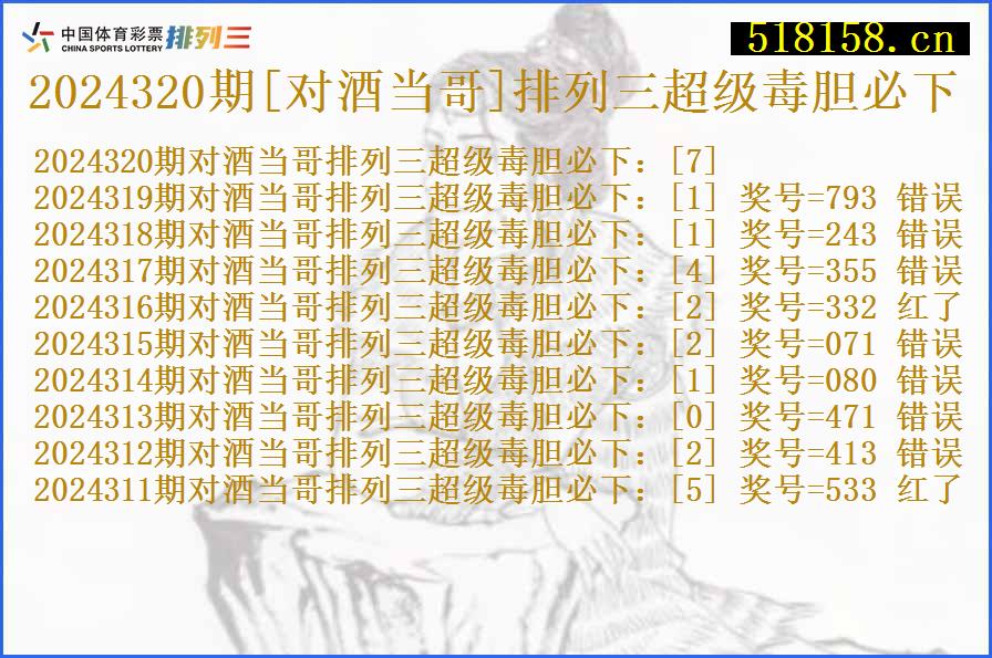 2024320期[对酒当哥]排列三超级毒胆必下