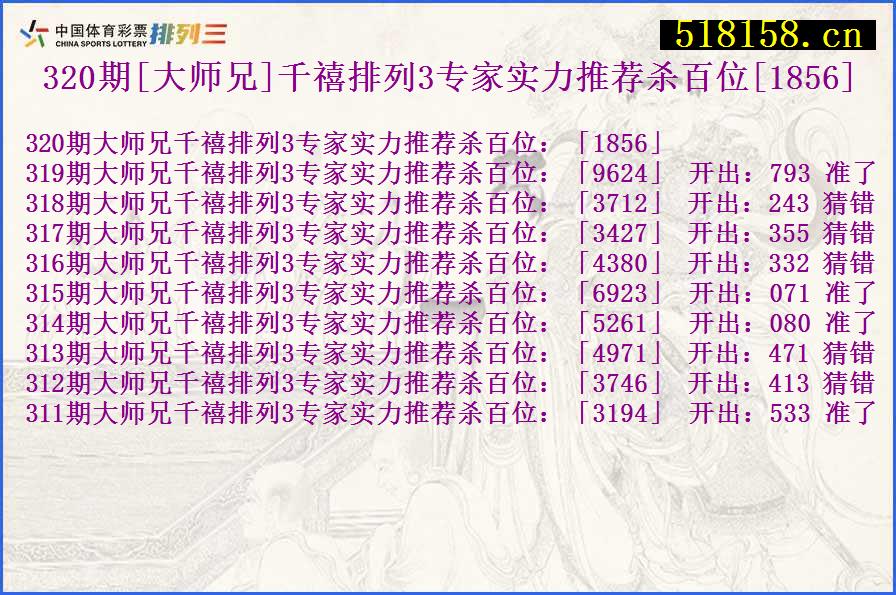 320期[大师兄]千禧排列3专家实力推荐杀百位[1856]