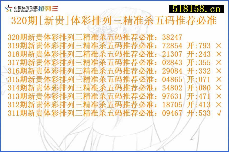 320期[新贵]体彩排列三精准杀五码推荐必准