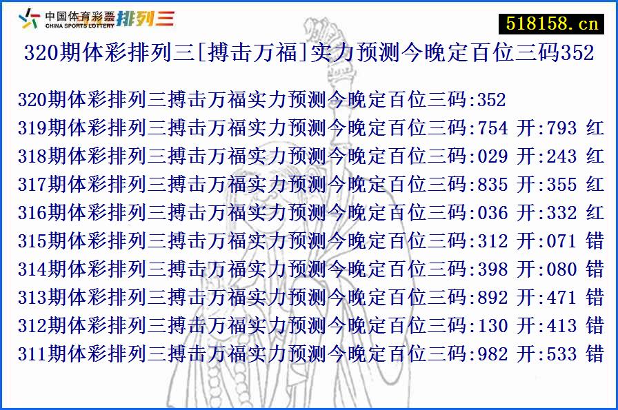 320期体彩排列三[搏击万福]实力预测今晚定百位三码352