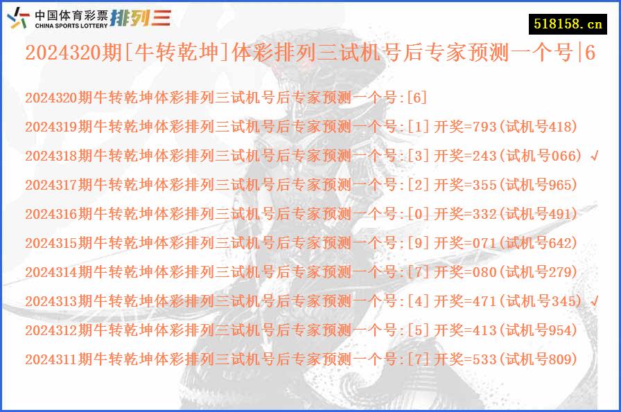 2024320期[牛转乾坤]体彩排列三试机号后专家预测一个号|6