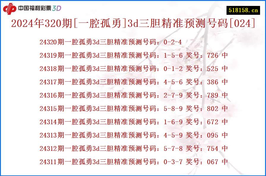 2024年320期[一腔孤勇]3d三胆精准预测号码[024]