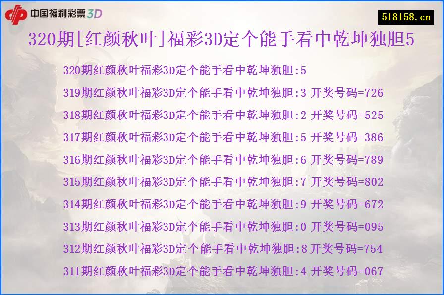 320期[红颜秋叶]福彩3D定个能手看中乾坤独胆5