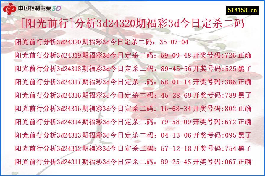 [阳光前行]分析3d24320期福彩3d今日定杀二码