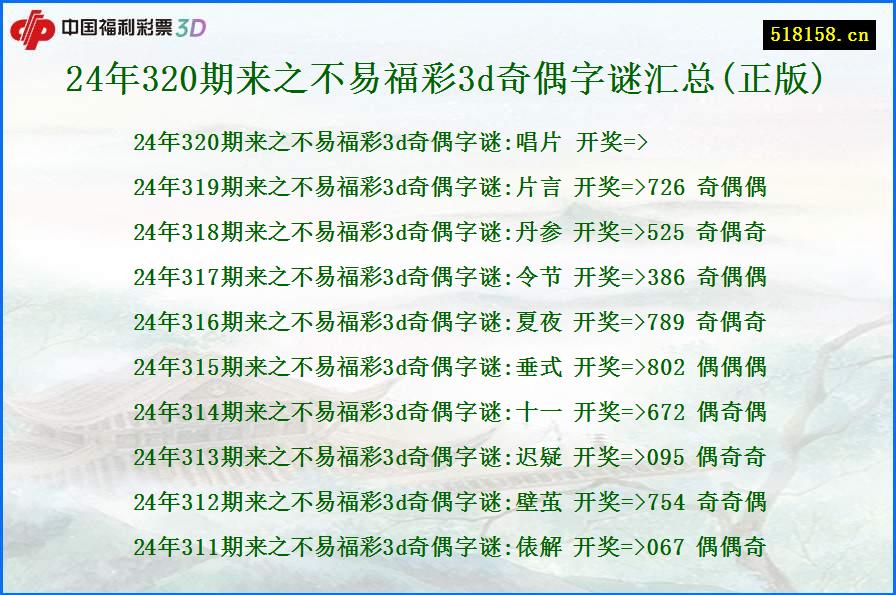 24年320期来之不易福彩3d奇偶字谜汇总(正版)