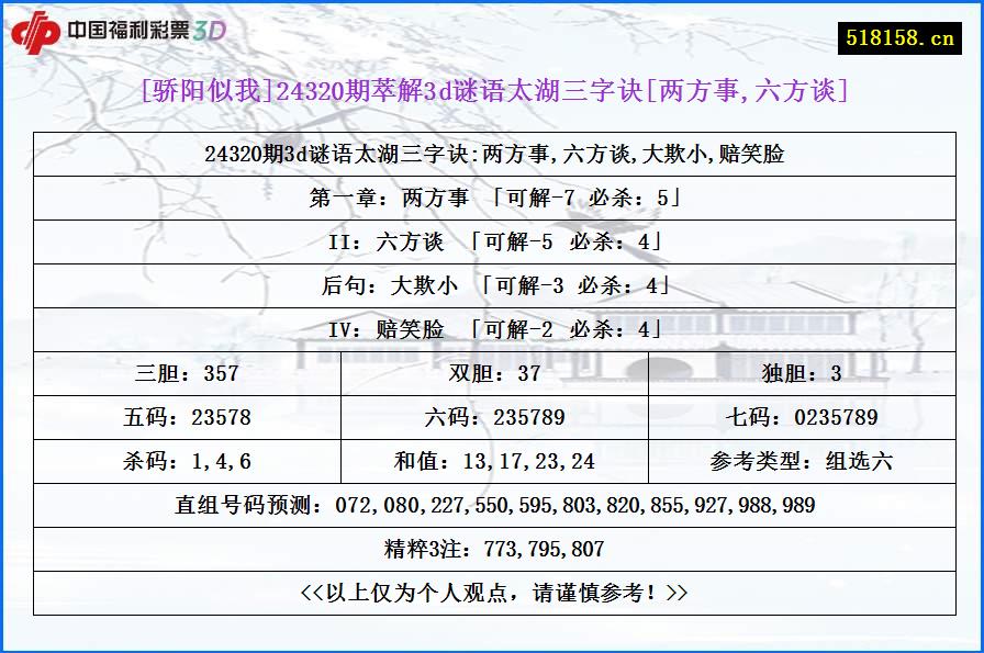 [骄阳似我]24320期萃解3d谜语太湖三字诀[两方事,六方谈]