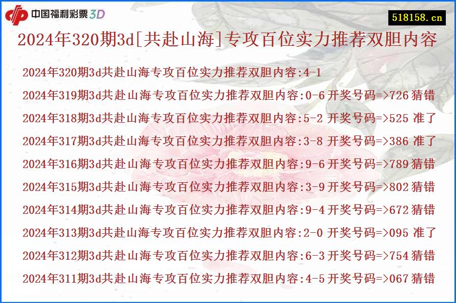 2024年320期3d[共赴山海]专攻百位实力推荐双胆内容