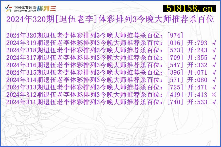 2024年320期[退伍老李]体彩排列3今晚大师推荐杀百位