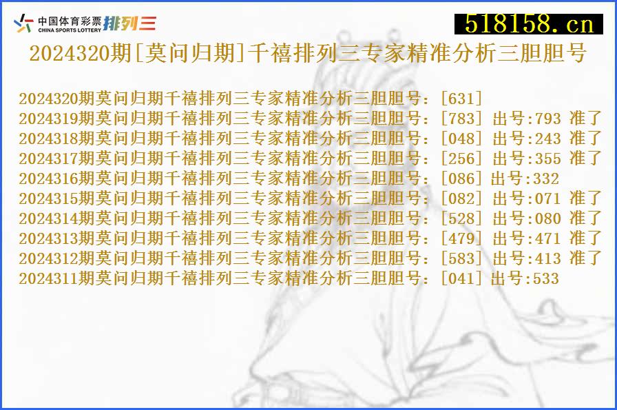 2024320期[莫问归期]千禧排列三专家精准分析三胆胆号