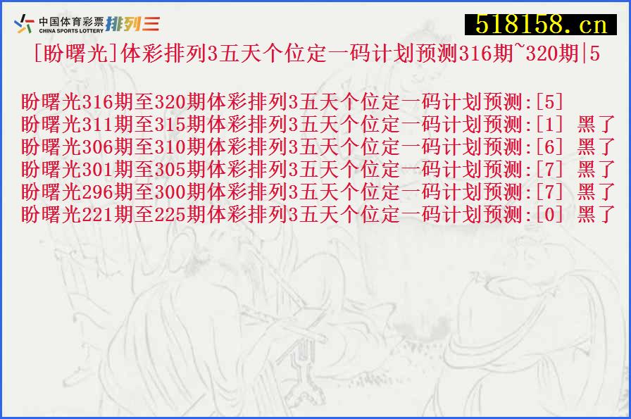 [盼曙光]体彩排列3五天个位定一码计划预测316期~320期|5